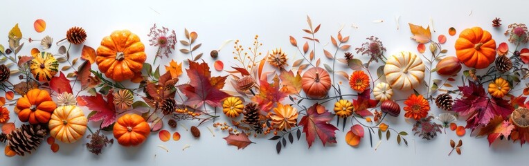Autumnal Greeting Card with Floral Gerland, Pumpkins and Fallen Leaves - Modern Minimalism on White Table Background - Top View