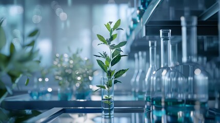 A plant is in a glass vase on a counter in a lab