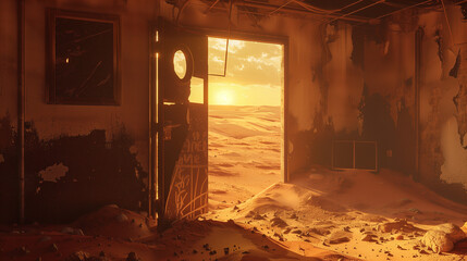 A stunningly realistic photograph capturing the interior of a deserted house on Mars during sunset, surrounded by a swirling haze of dust and sand.