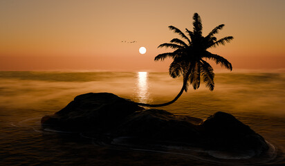 A single large rock in the ocean with a coconut palm growing on it at sunset - 3d illustration