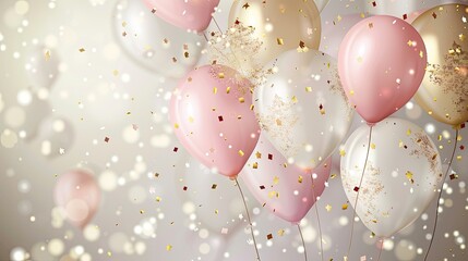 Festive gold and pink balloons surrounded by glitter confetti on a gradient background, perfect for celebrations and parties..
