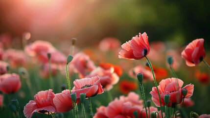 Obraz premium Field of blooming poppies. A vibrant field of blooming poppies bathed in warm sunlight, creating a stunning natural scene.
