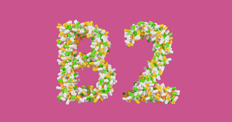 Vitamin B2, pills in a green yellow and white shell in the shape of the letter B2 isolated on a colored pink background, 3d rendering