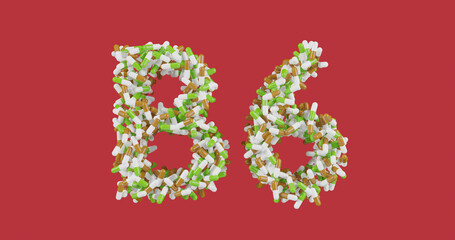 Vitamin B6, pills in a brown green and white shell in the shape of the letter B6 isolated on a colored red background, 3d rendering