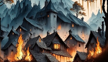 "Grim Fantasy: Watercolor Painting Captures Dark Magic Fire Rain Descending on Medieval Village"
