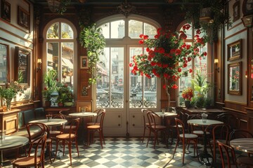 An interior design restaurant with hanging flowers, tables, and chairs