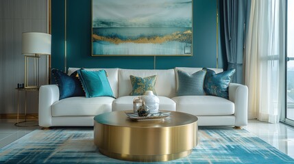 Modern Art Deco Living Room with Golden Coffee Table and Teal Accents