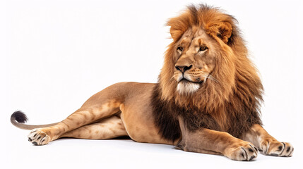 Regal lion lying down with a majestic mane. Powerful and majestic lion resting with a full mane.