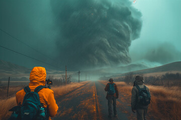 Obraz premium Group of storm chasers capturing footage of a tornado from a safe distance, demonstrating the risky yet exhilarating pursuit of extreme weather photography