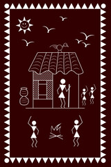 Abstract painting of warli style art in white color isolated on dark red background - vector illustration