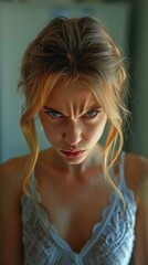 Naklejka premium portrait of blonde woman with green eyes in white dress