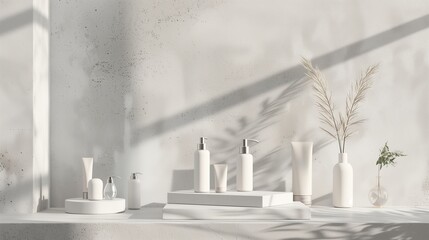 Beauty products on a podium in a clay colored background.