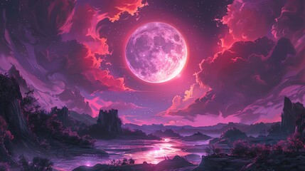 A witchy and cyberpunk animestyle illustration of a solar eclipse moon with pastel pink and purple tones
