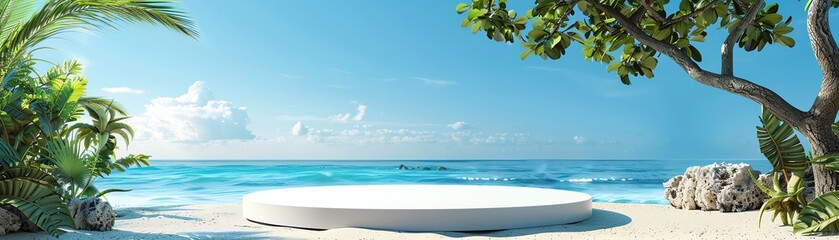 Fototapeta premium A white podium in roundshaped displayed on the sand with a big tree branch and some green tropical leaves Blue sky background