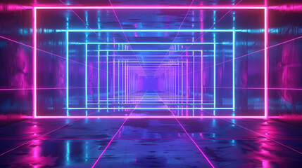 3d render, abstract geometric background with shapes and neon lines glowing in ultraviolet light	