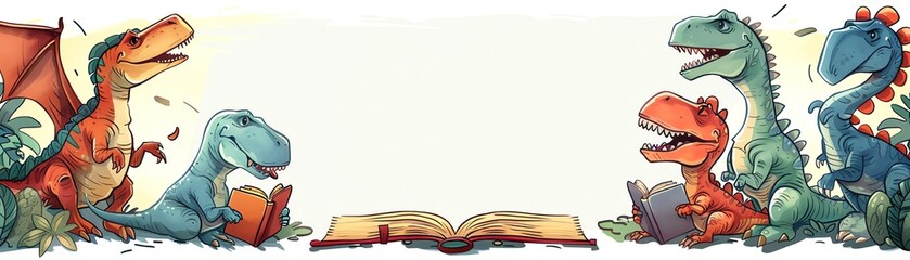 Illustration frame in David Shrigley style, empty middle, dinosaurs reading books, humorous, handdrawn © ratchadawan