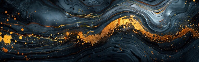 Marble Ink Swirls on Black: Luxury Abstract Painting Texture with Gold Splashes - Banner Background