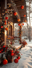 Facade of an old wooden house with Christmas decorations on a sunny winter day. Christmas holidays. Christmas theme.
