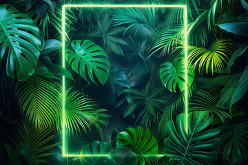 Neon Frame with Tropical Green Leaves Background