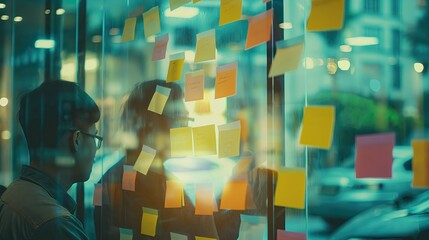 Creative team brainstorming with colorful sticky notes on glass wall, reflecting collaborative planning and innovative thinking in modern office..