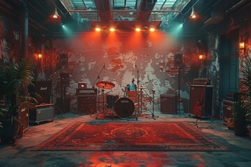 Entertainment at a dark room stage with a drum set for a music event