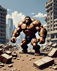 A cartoon gorilla in a collapsed building 8-bit
