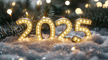 Lighting 2025 number on clean white background for new year or future oriented concepts