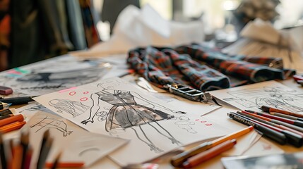 A detailed view of a fashion designer's workspace, showcasing sketches, fabric swatches, and various design tools on a wooden desk. The scene captures the creative process of fashion design, - Powered by Adobe