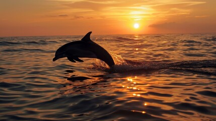 Fototapeta premium Silhouette of a dolphin gracefully arching out of the water during a breathtaking sunset dolphin-watching cruise.