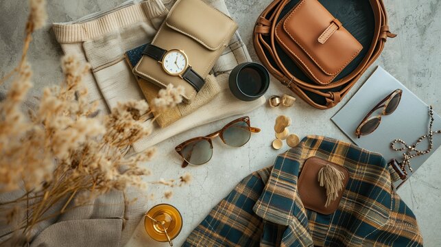 A stylish flat lay composition featuring autumn fashion essentials, including a plaid jacket, leather bags, sunglasses, a watch, and cozy knitwear. The warm and neutral tones create an inviting season