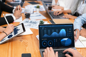 Financial data analysis dashboard by Fintech BI or business intelligence display on laptop screen...