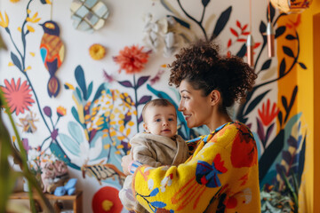 A woman is holding a baby in a room with a floral wallpaper