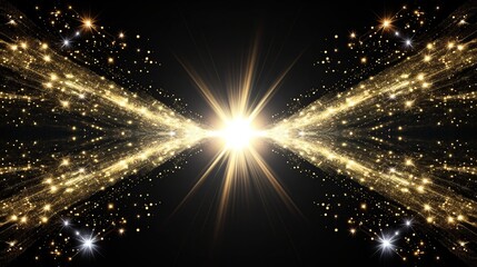 Obraz premium A radiant burst of golden light emitting sparkling particles, creating a stunning visual effect against a dark background..