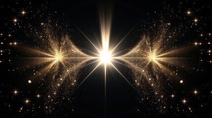 A radiant burst of golden light emitting sparkling particles, creating a stunning visual effect against a dark background..