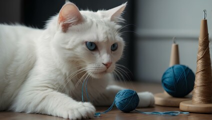 Beautiful white cat with blue eyes playing with sewing string
