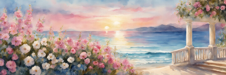 Banner illustration. A beautiful white terrace by the sea, an exquisite composition of blue and pink flowers.