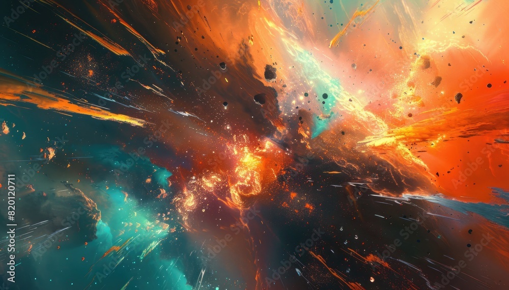 Canvas Prints a colorful space scene with a lot of debris and a bright orange star by ai generated image