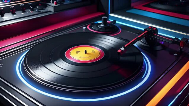 Spinning vinyl record with a retro wave and retro futurism style, rendered in hyper-detailed 3D. Generative AI animation