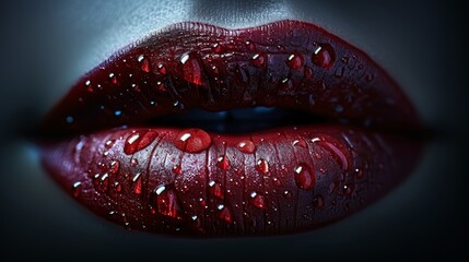 Close up macro shot of shiny red lips with water droplets on vibrant blue background