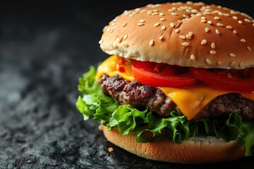 Close-up of a mouthwatering cheeseburger featuring a juicy beef patty, melted cheese, fresh greens,...