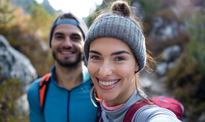 Fototapeta premium A young couple takes a selfie. Selfie against the backdrop of nature. Autumn nature in the background.