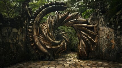A mesmerizing handicraft picture of a gate resembling a living organism, exuding an organic allure...