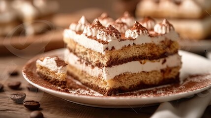Close-up of a delicious tiramisu slice on a plate, showcasing its creamy layers of mascarpone cheese, coffee-soaked ladyfingers, and cocoa..