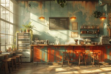 3D rendering of a restaurant with a bar and stools in a city building
