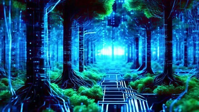 Animate a forest where trees are made of processors and branches are circuits, with data flowing like sap through the system, 4K High-Quality Video