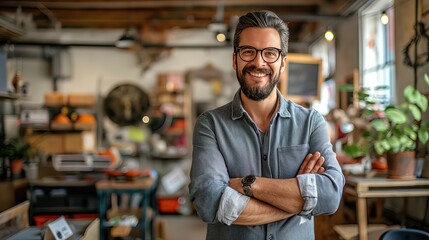 Fototapeta premium Portrait of a confident man with glasses and a beard, standing with arms crossed in a casual office setting, exuding professionalism and ease..