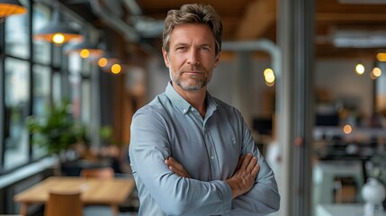 Fototapeta premium Portrait of a confident man with glasses and a beard, standing with arms crossed in a casual office setting, exuding professionalism and ease..