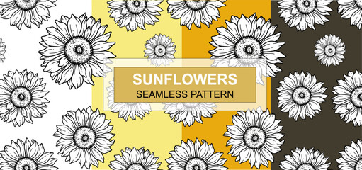 Sunflower Seamless Pattern. Floral Seamless Background. Line Art Flower Seamless Patterns with Greenery. Outline Seamless floral background. Line Drawing Floral Background