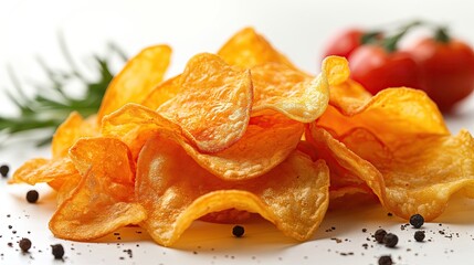 Close-up of a plate of crispy homemade potato chips garnished with fresh tomato slices and herbs, creating a delicious and savory snack..