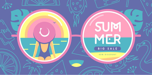 Retro flat summer big sale poster with round sunglasses silhouette and tropic beach. Vector illustration